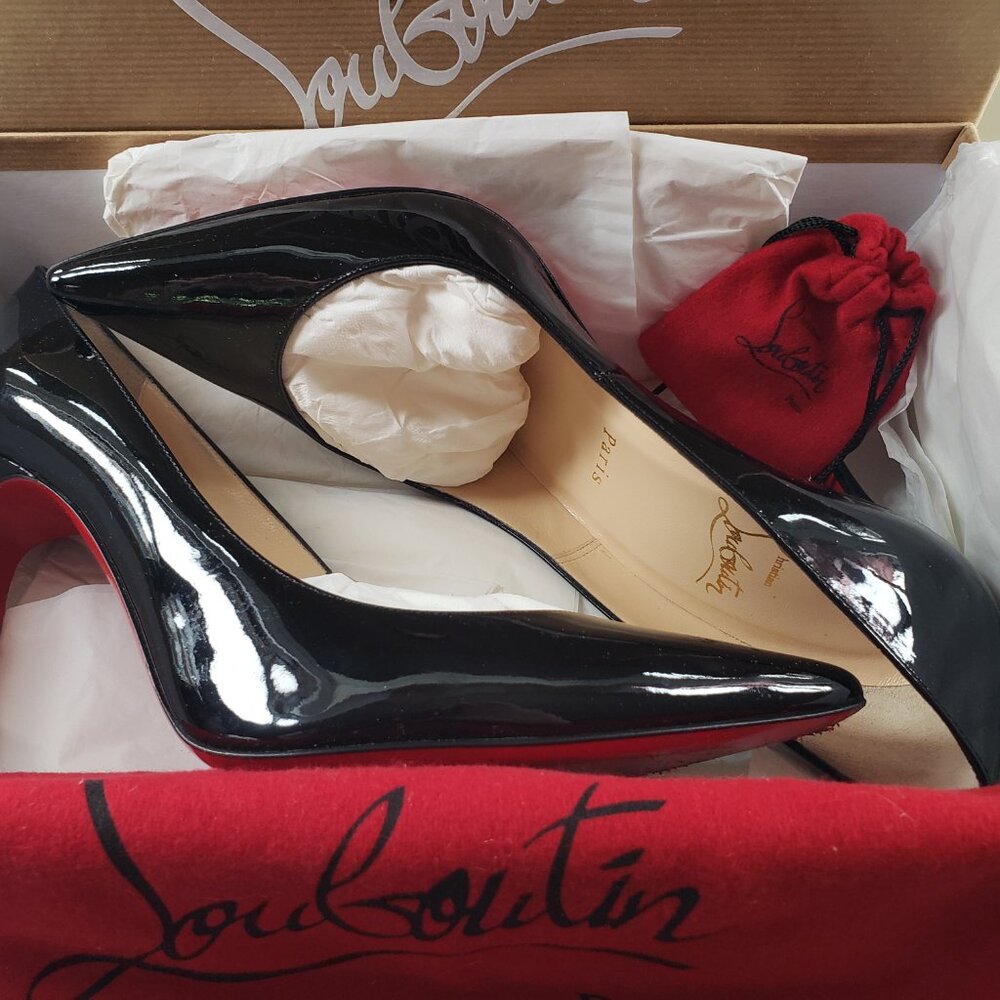 Authentic Christian Louboutin Decollete 554 100 Patent Black Stiletto US 8.5